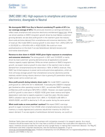 SMIC (0981.HK)_ High exposure to smartphone and consumer electronics; downgrade to Neutral(1)