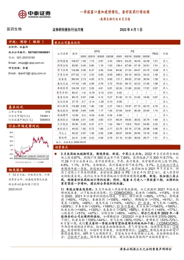 医药生物行业4月月报:一季报窗口叠加疫情催化,看好医药行情延续-20220401-中泰证券-20页