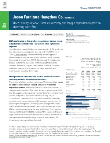 Jason Furniture Hangzhou Co. (603816.SS)_ 1H22 Earnings review_ Domestic recovery and margin expansion to pave an improving p...