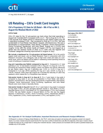 US Retailing – Citi's Credit Card Insights Citi’s Proprietary CC Data for US Retail – Wk 4 Flat vs Wk 3