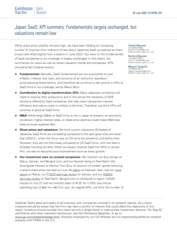 Japan SaaS_ KPI summary_ Fundamentals largely unchanged, but valuations remain low(1)