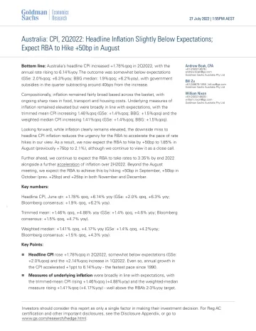 Australia_ CPI, 2Q2022_ Headline Inflation Slightly Below Expectations; Expect RBA to Hike +50bp in August(1)