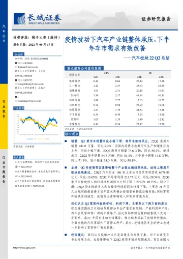 汽车行业板块22Q2总结:疫情扰动下汽车产业链整体承压,下半年车市需求有效改善-20220917-长城证券-22页