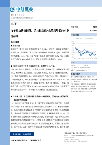 电子行业:电子板块估值回落,关注低估值+业绩高增长的小市值标的-20230113-中航证券-17页