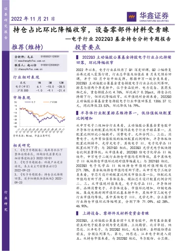 电子行业2022Q3基金持仓分析专题报告:持仓占比环比降幅收窄,设备零部件材料受青睐-20221121-华鑫证券-21页