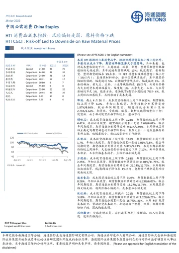 中国必需消费行业:HTI消费品成本指数,风险偏好走弱,原料价格下跌-20220428-海通国际-16页