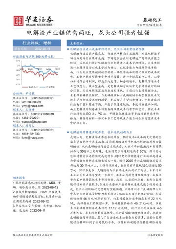 华安证券:基础化工行业深度报告:电解液产业链供需两旺,龙头公司强者恒强