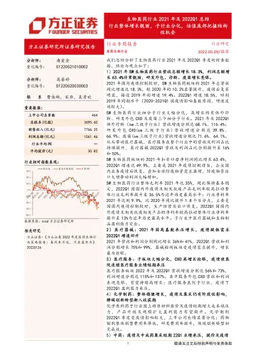生物医药行业2021年及2022Q1总结:行业整体增长靓丽,子行业分化,估值底部把握结构性机会-20220509-方正证券-38页