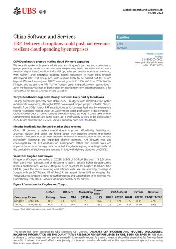 瑞银-中国软件与服务行业-ERP:交付中断可能会推高收入;企业在云计算方面的支出具有弹性-2022.6.14-26页