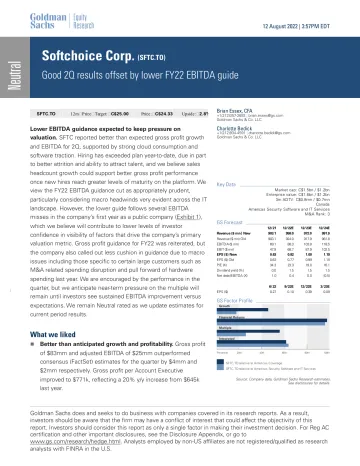 Softchoice Corp. (SFTC.TO)_ Good 2Q results offset by lower FY22 EBITDA guide(1)
