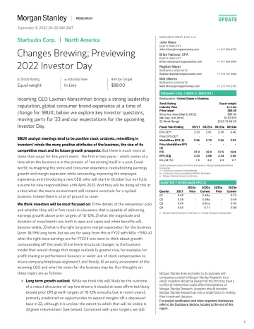 SBUX.OQ-Morgan Stanley-Starbucks Corp. Changes Brewing; Previewing 2022 Investor D.