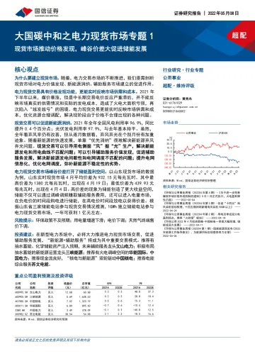 公用事业行业大国碳中和之电力现货市场专题1:现货市场推动价格发现,峰谷价差大促进储能发展-20220508-国信证券-21页