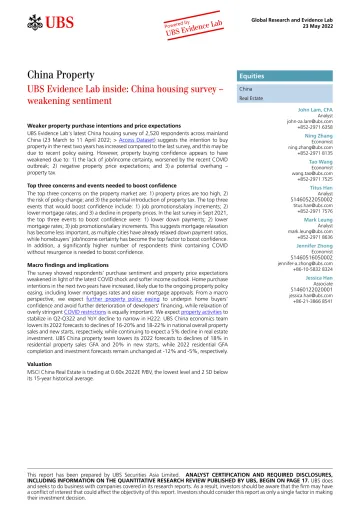 瑞银-中国房地产行业-瑞银证据实验室内部报告:中国楼市调查显示市场信心减弱-2022.5.23-24页
