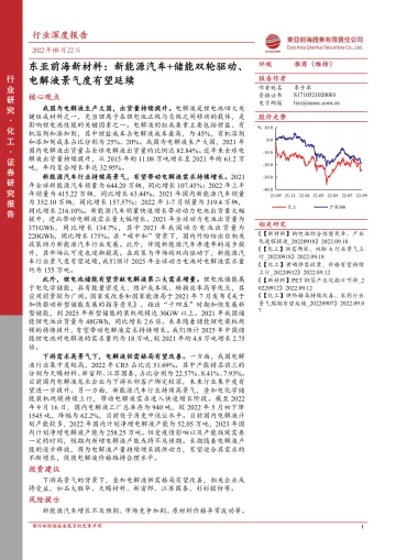 化工行业新材料:新能源汽车+储能双轮驱动、电解液景气度有望延续-20220922-东亚前海证券-43页