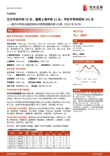 电子行业国内半导体设备招投标月度数据跟踪第10期(2022年04月):北方华创中标25台,盛美上海中标11台,华虹半导体招标141台-20220416-光大证券-20页