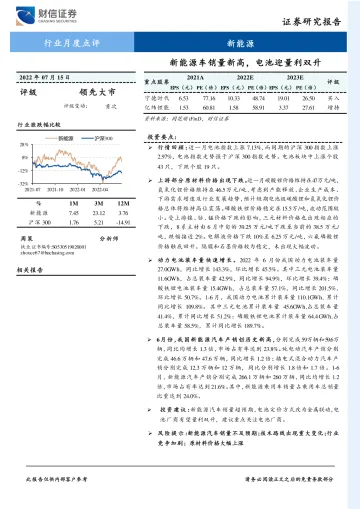 新能源行业月度点评:新能源车销量新高,电池迎量利双升-20220715-财信证券-13页