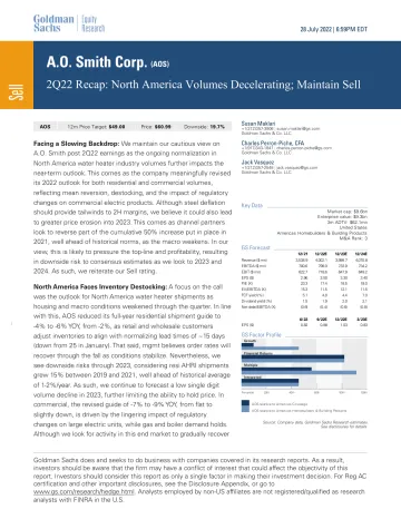 A.O. Smith Corp. (AOS)_ 2Q22 Recap_ North America Volumes Decelerating; Maintain Sell(1)