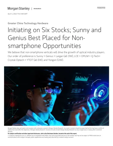 摩根士丹利-中国科技硬件行业-启动六只股票;Sunny和Genius最有可能获得非智能手机领域的机遇-2022.4.5-83页