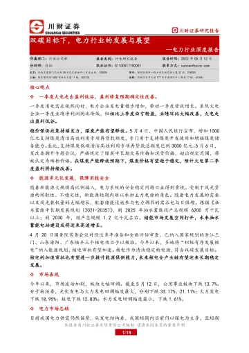 电力行业深度报告 :双碳目标下,电力行业的发展与展望-20220512-川财证券-18页