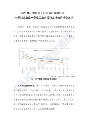 中国信通院发布2022年一季度电子行业运行监测报告-5页