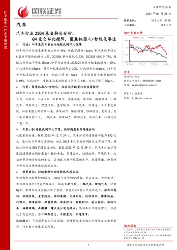 汽车行业23Q4基金持仓分析:Q4重仓环比微降,聚焦机器人+智能化赛道-国联证券 听光Vic
