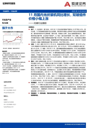 光储行业跟踪:11月国内光伏装机同比增长,双玻组件价格小幅上涨-爱建证券