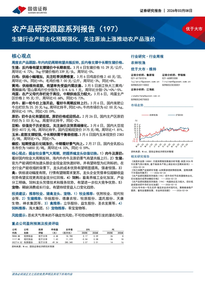 农产品研究跟踪系列报告（197）：生猪行业产能去化预期强化，关注原油上涨推动农产品涨价-国信证券 听光Vic_1