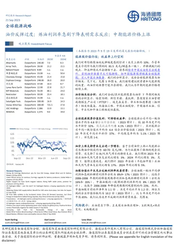 全球能源行业战略:油价反弹过度;炼油利润率急剧下降表明需求反应;中期能源价格上涨-20230921-海通国际-40页