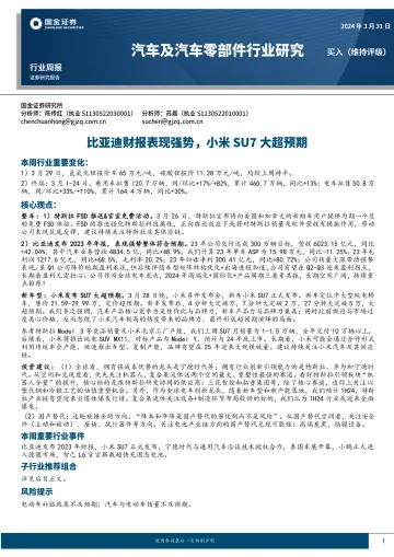 汽车及汽车零部件行业研究:比亚迪财报表现强势,小米SU7大超预期-国金证券 听光Vic