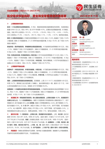 行业信息跟踪:航空需求恢复向好,黄金珠宝零售增速改善显著-20230919-民生证券-30页