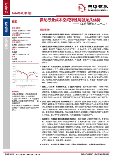化工系列研究(二十二):氨纶行业成本空间弹性铸就龙头优势-东海证券