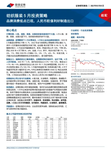 纺织服装行业5月投资策略:品牌消费低点已现,人民币贬值利好制造出口-20220505-国信证券-22页