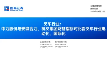 叉车行业:中力股份与安徽合力、杭叉集团财务指标对比看叉车行业电动化、国际化-国海证券 听光Vic