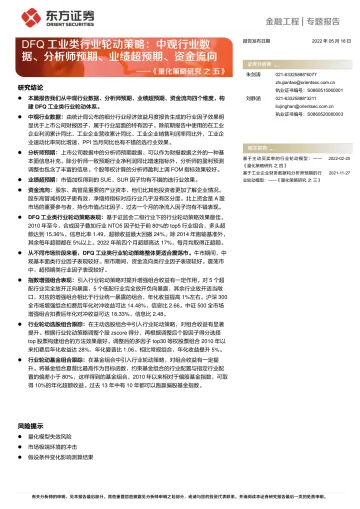《量化策略研究之五》：DFQ工业类行业轮动策略，中观行业数据、分析师预期、业绩超预期、资金流向-20220518-东方证券-46页