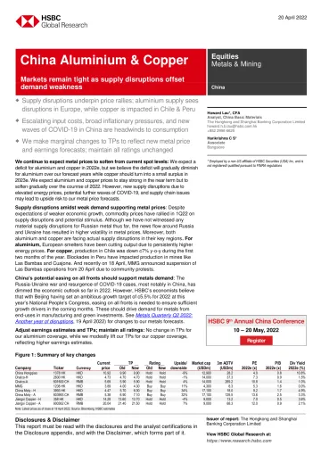 HSBC-中国金属与矿业-中国铝与铜:由于供应中断抵消了需求疲软,市场依然紧张-2022.4.20-31页