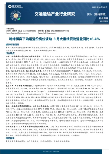 交通运输产业行业研究:地缘博弈下油运运价高位波动,3月大秦线货物运量同比+6.4%-国金证券 听光Vic