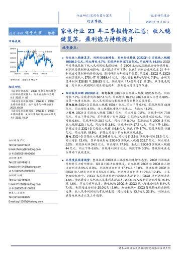 家电行业23年三季报情况汇总:收入稳健复苏,盈利能力持续提升-20231107-海通证券-27页