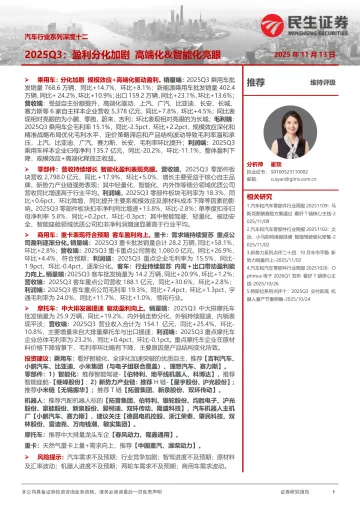 汽车行业系列深度十二:2025Q3:盈利分化加剧 高端化&智能化亮眼-民生证券 听光Vic