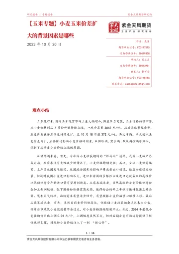 玉米专题报告:小麦玉米价差扩大的背景因素是哪些-20231020-紫金天风期货-16页