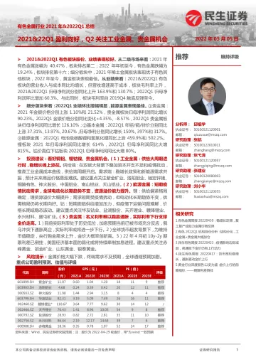 有色金属行业2021年&2022Q1总结:2021&22Q1盈利向好,Q2关注工业金属、贵金属机会-20220505-民生证券-40页