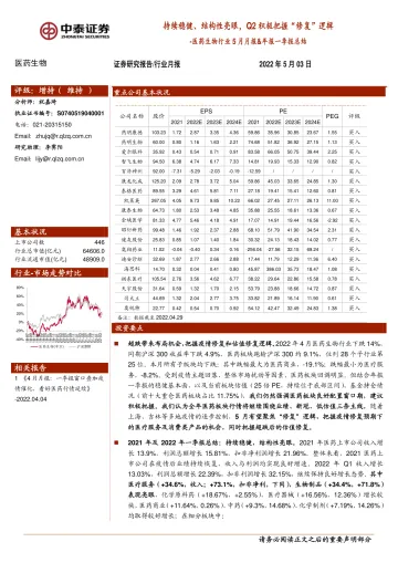 医药生物行业5月月报&年报一季报总结:持续稳健、结构性亮眼,Q2积极把握“修复”逻辑-20220503-中泰证券-28页