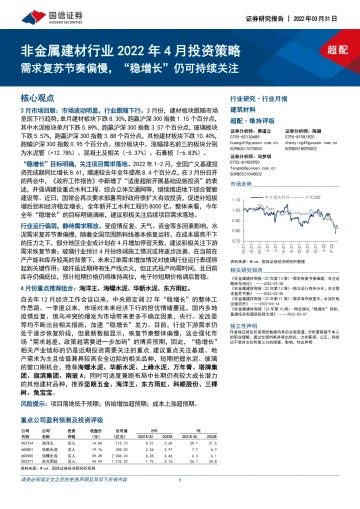 非金属建材行业2022年4月投资策略:需求复苏节奏偏慢,“稳增长”仍可持续关注-20220331-国信证券-25页