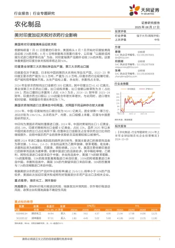 农化制品行业专题研究:美对印度加征关税对农药行业影响-天风证券 听光Vic