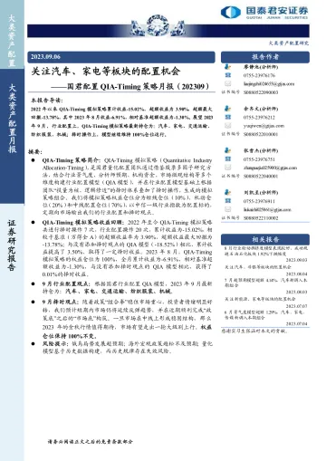 国君配置QIA_Timing策略月报：关注汽车、家电等板块的配置机会-20230906-国泰君安-15页