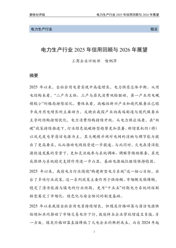 电力生产行业2025年信用回顾与2026年展望-新世纪资信评估 听光Vic
