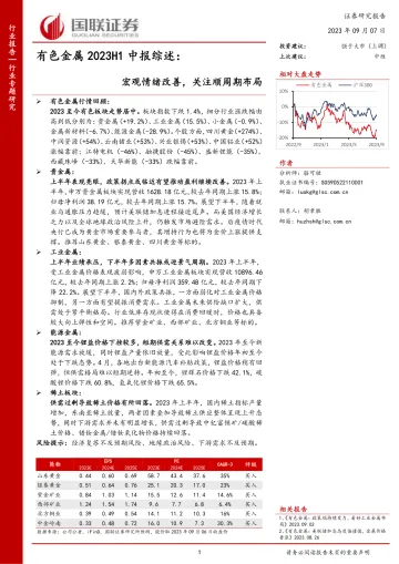 有色金属行业2023H1中报综述:宏观情绪改善,关注顺周期布局-20230907-国联证券-22页_1