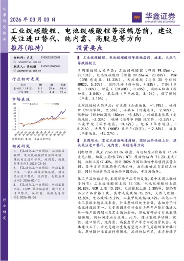 化工行业研究:工业级碳酸锂、电池级碳酸锂等涨幅居前,建议关注进口替代、纯内需、高股息等方向-华鑫证券 听光Vic