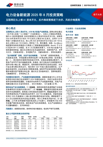 电力设备新能源2025年8月投资策略：互联网巨头上修AI资本开支，反内卷政策推进下光伏、风机价格提高-国信证券 听光Vic