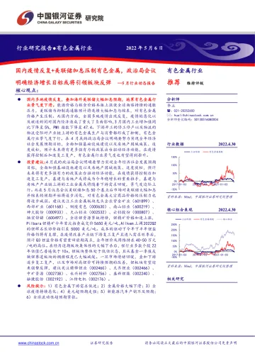 有色金属行业5月行业动态报告：国内疫情反复+美联储加息压制有色金属，政治局会议明确经济增长目标或将引领板块反弹-20220506-银河证券-24页