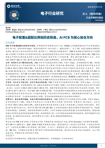 电子行业研究:电子配置&超配比例创历史新高,AI PCB为核心加仓方向-国金证券 听光Vic